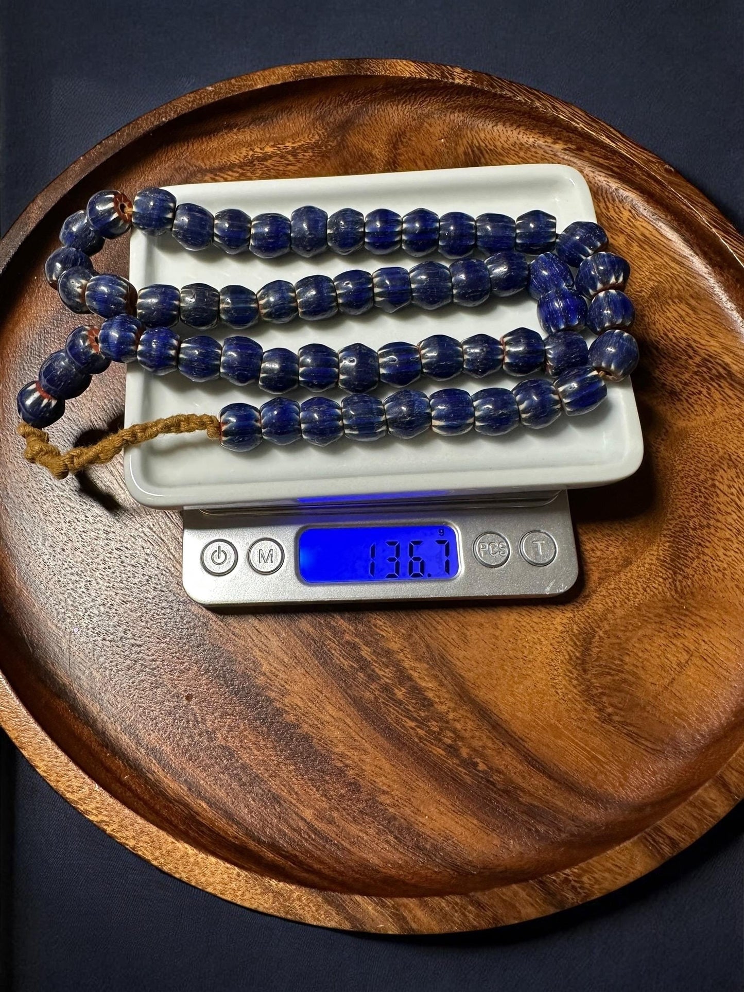 Vintage blue chevron glass beads necklace,Nepal beads,Trade beads