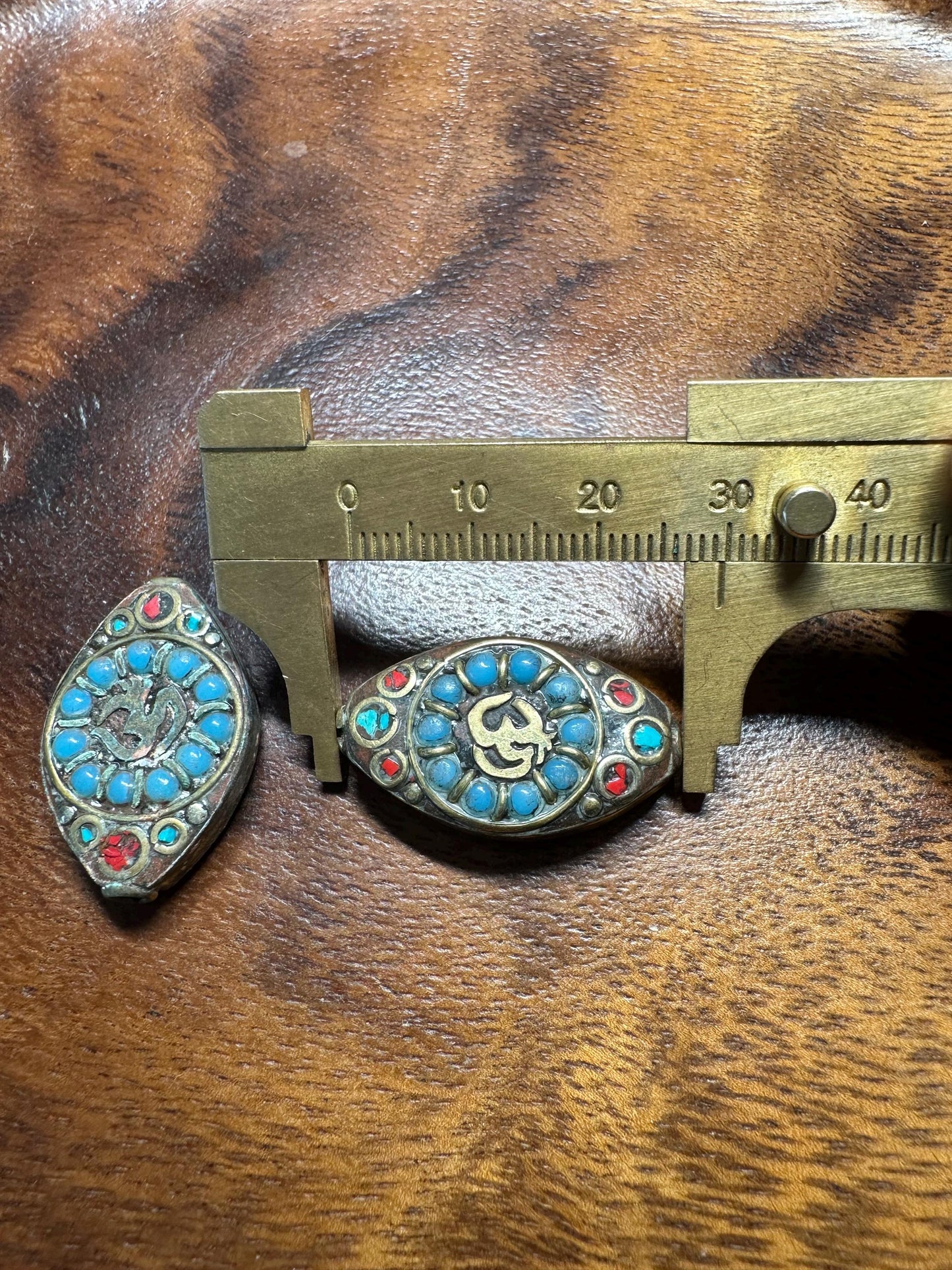 Handmade Nepal Brass Inlay Beads: Turquoise & Coral Style, Boho Jewelry (2 Pieces)