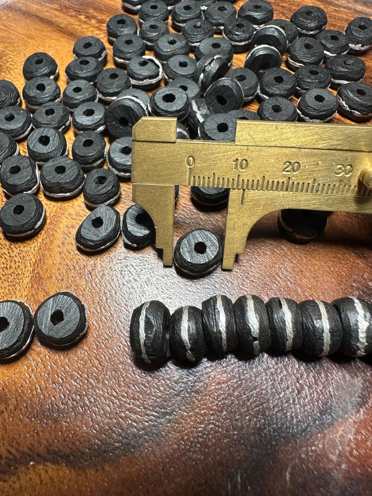Ebony Wood Beads with Metal Inlay Handmade Loose Spacer Beads for Jewelry Making