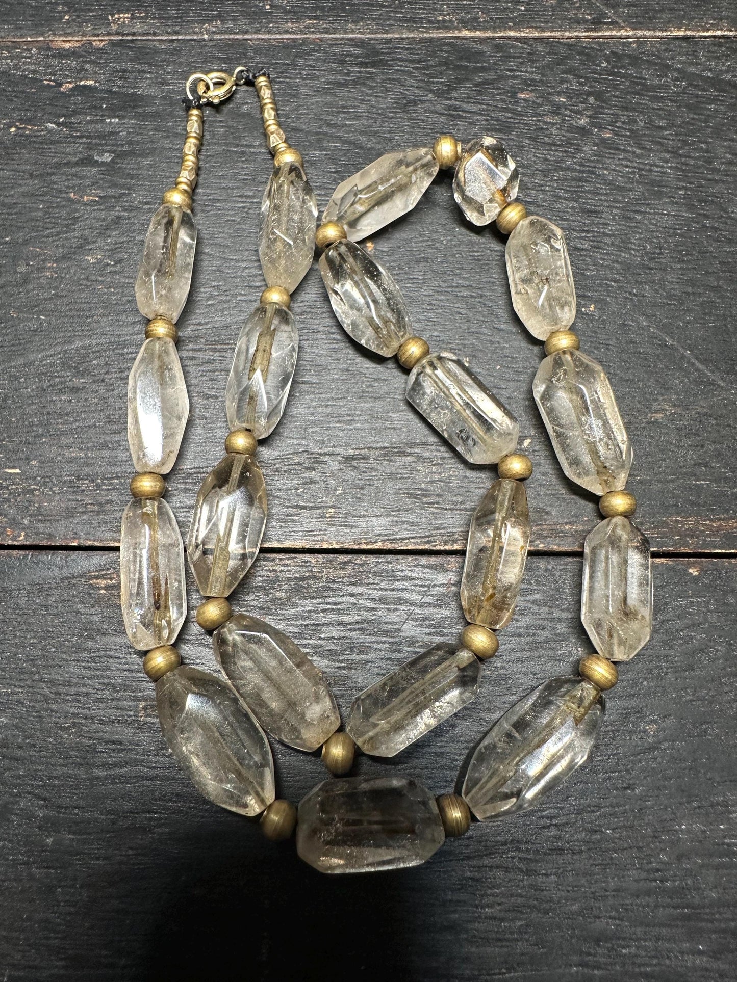 Antique Southeast Asian Crystal Beads Necklace | Likely Burmese Old Rock Crystal & Brass Tribal Jewelry | Rare Hand Cut Beads Collectible