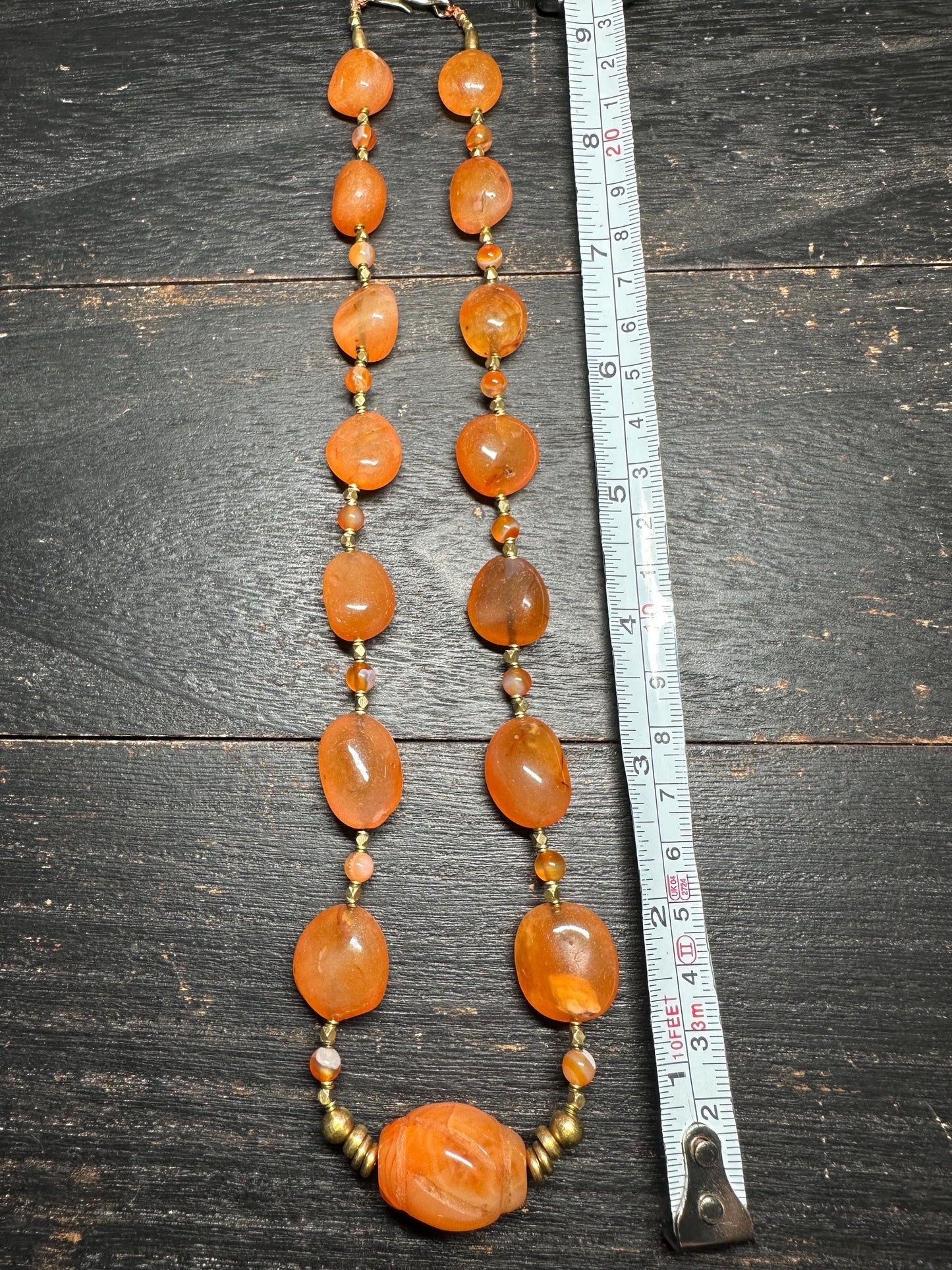Handmade Nepal Carnelian Bead Necklace Natural Orange Gemstone Tribal Jewelry with Brass Spacers