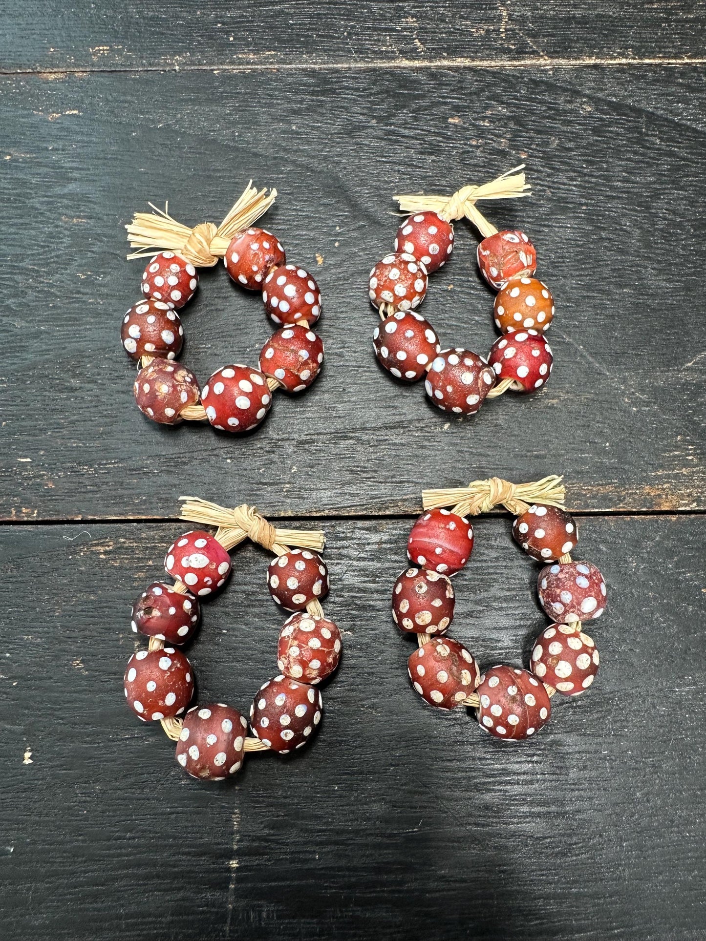 Antique Venetian Skunk Eye Trade Beads: Red African Glass, Set of 7