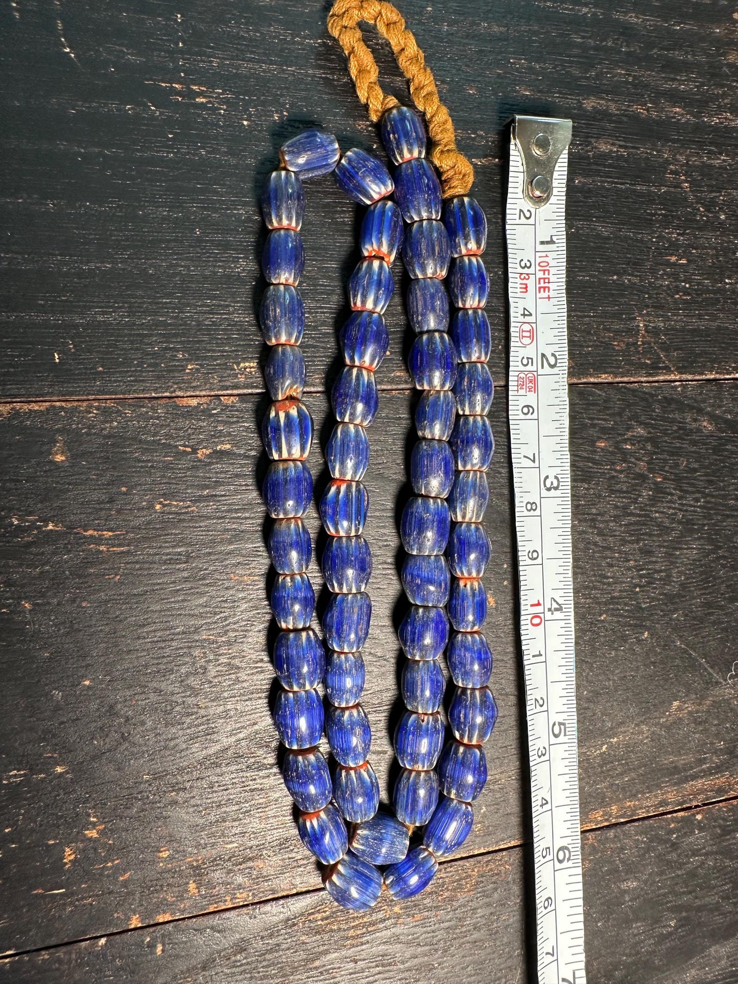 Vintage Blue Chevron Glass Bead Necklace: Nepal Trade Beads, 8-9mm