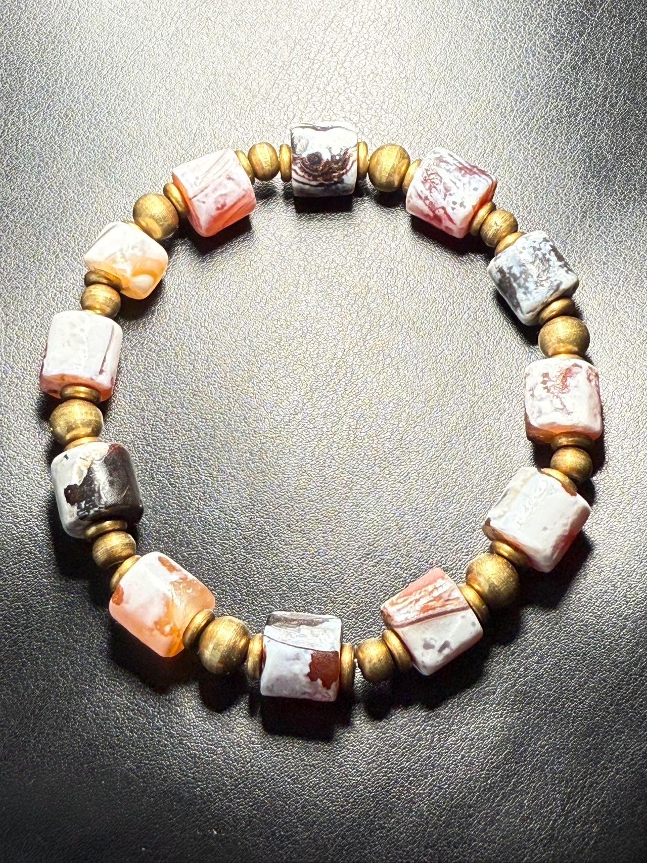 Tibetan Sugar Agate Beads, Unique Cylinder Carnelian Bracelet