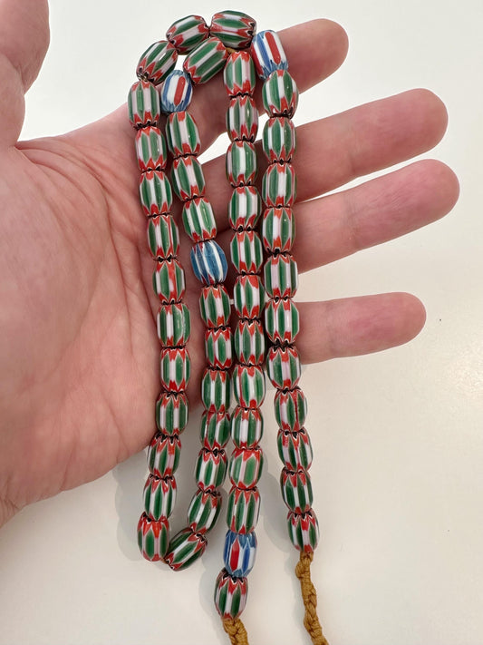 Vintage venetian green glass chevron beads long strand,Nepal beads,Trade beads