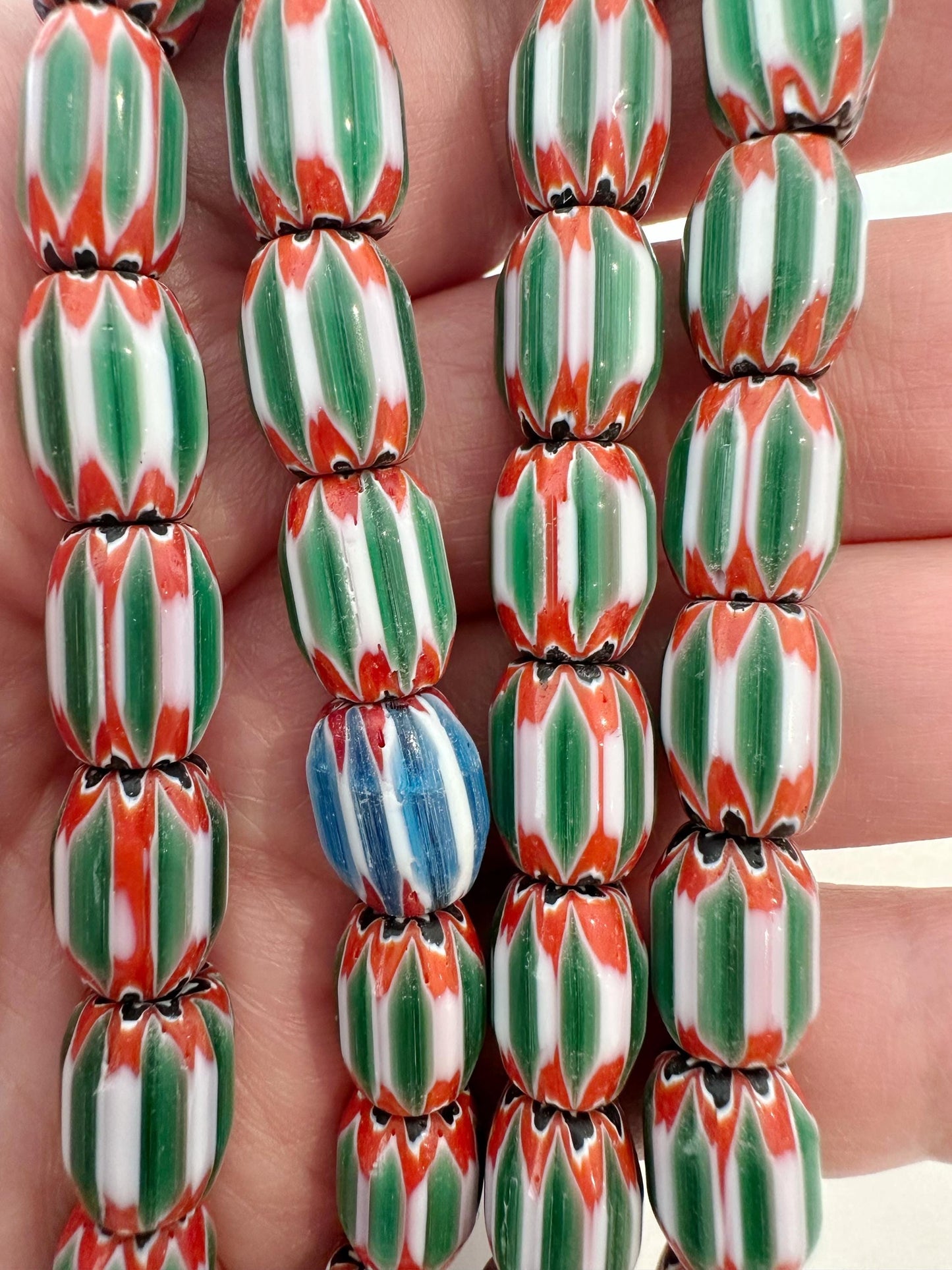 Vintage venetian green glass chevron beads long strand,Nepal beads,Trade beads