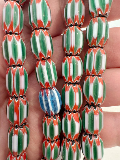 Vintage venetian green glass chevron beads long strand,Nepal beads,Trade beads