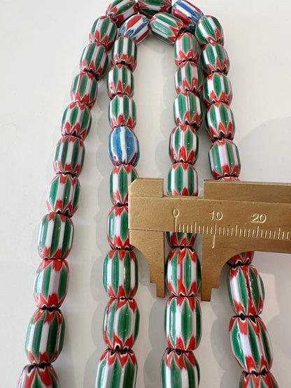 Vintage venetian green glass chevron beads long strand,Nepal beads,Trade beads