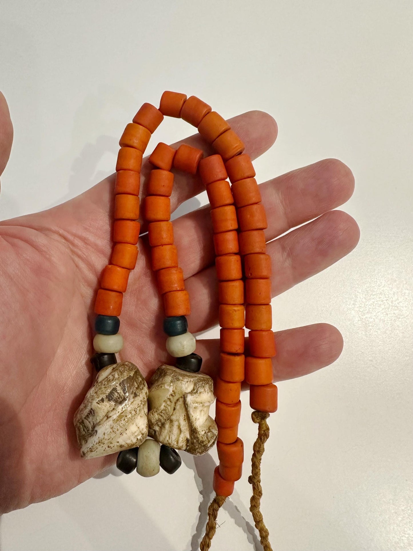 Antique Naga Tribal Necklace | Rare Nagaland Jewelry | Orange Glass Trade Beads & Conch Shell Pendant
