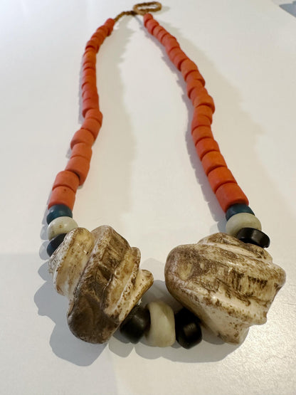Antique Naga Tribal Necklace | Rare Nagaland Jewelry | Orange Glass Trade Beads & Conch Shell Pendant