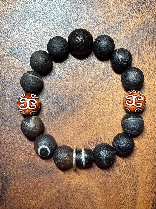 Rare Agate/Tibetan Totem Bead/Ebony bead bracelet