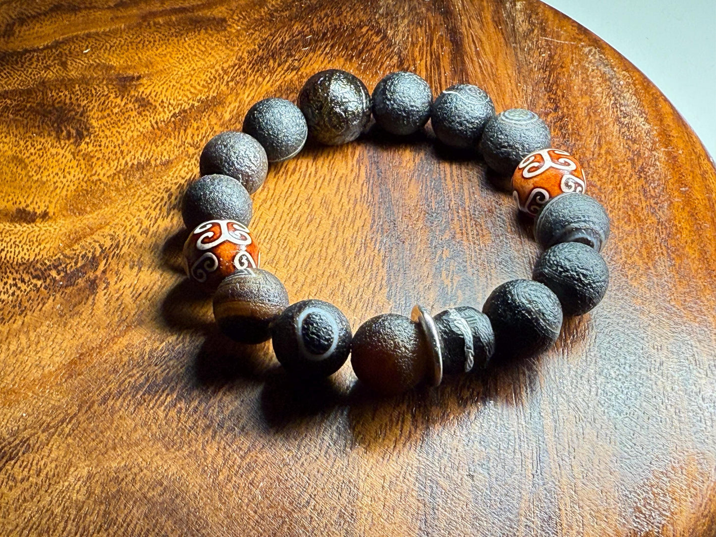 Rare Agate/Tibetan Totem Bead/Ebony bead bracelet