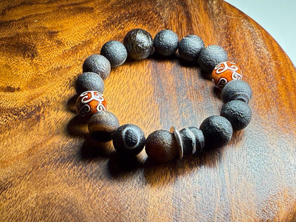 Rare Agate/Tibetan Totem Bead/Ebony bead bracelet