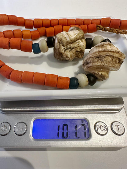 Antique Naga Tribal Necklace | Rare Nagaland Jewelry | Orange Glass Trade Beads & Conch Shell Pendant
