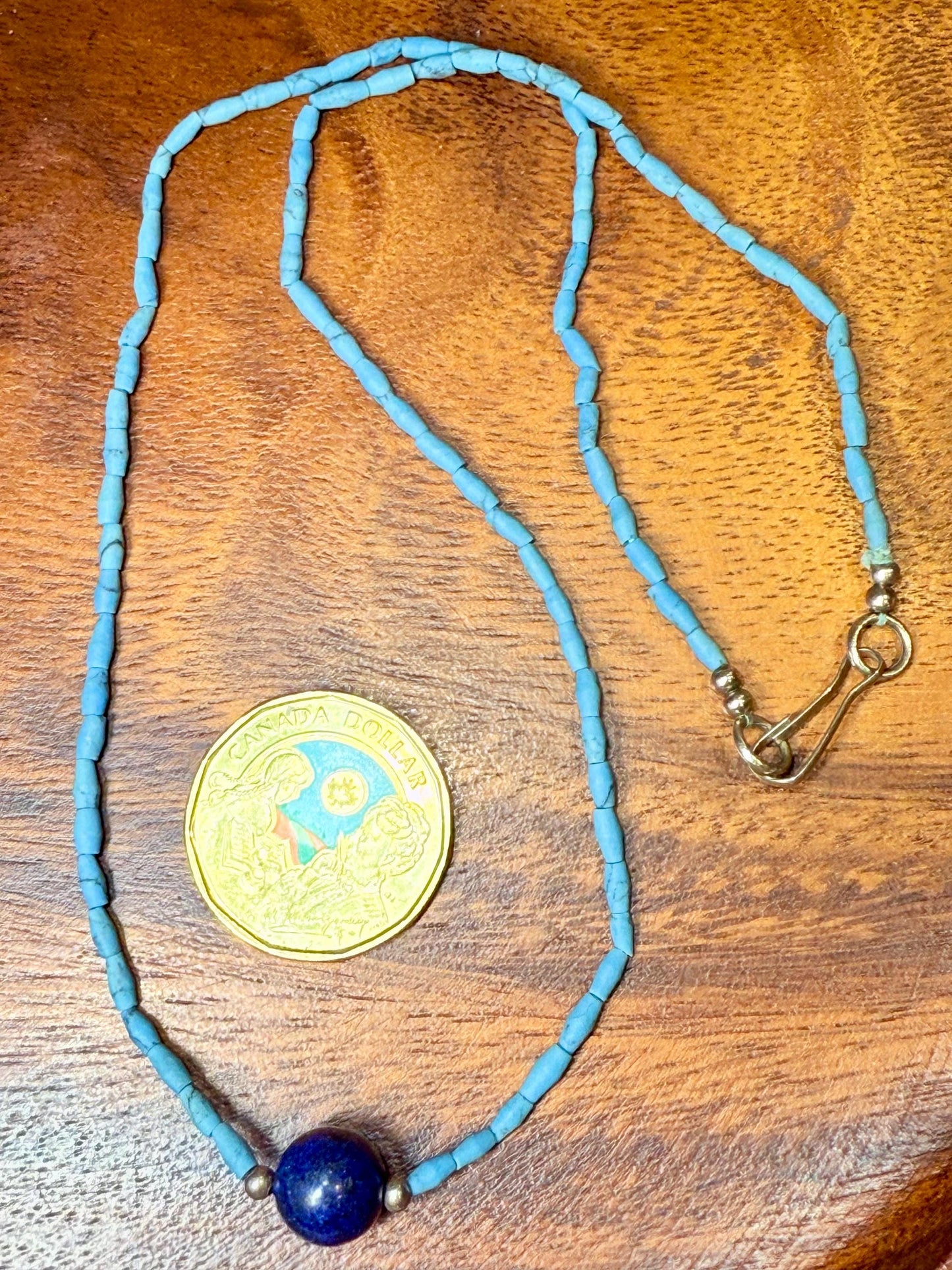 Tibetan-Style Blue Turquoise Glass Bead Necklace with lapis lazuli pendant - Boho Choker Design