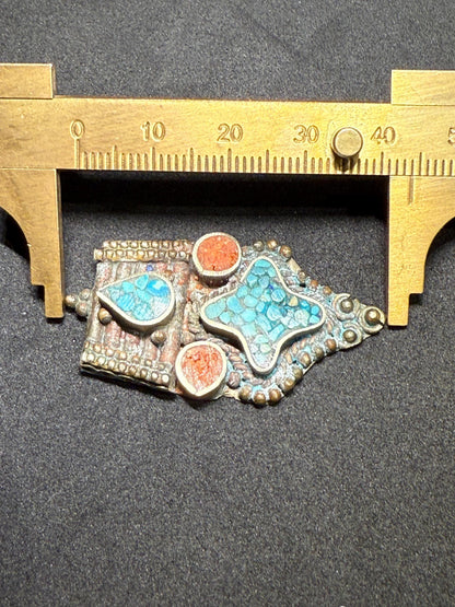 Handcrafted Ethnic Pendant with Turquoise and Red Coral Inlay | Unique DIY Jewelry