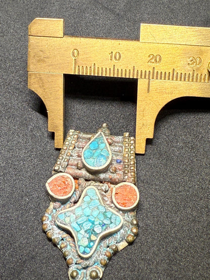 Handcrafted Ethnic Pendant with Turquoise and Red Coral Inlay | Unique DIY Jewelry