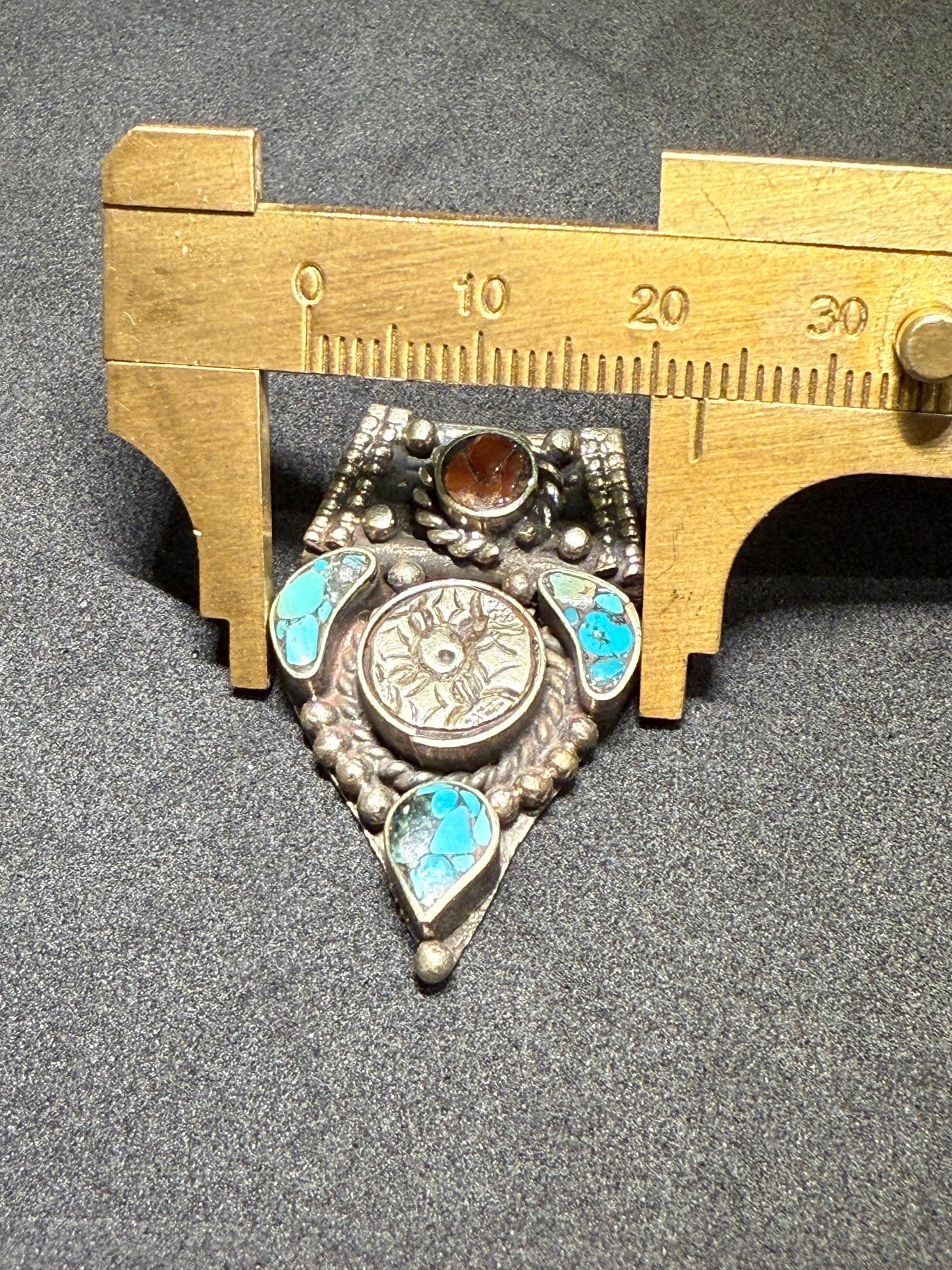 Himalayan White Metal Pendant with Turquoise and Coral Inlay | Tribal Ethnic Jewelry Component