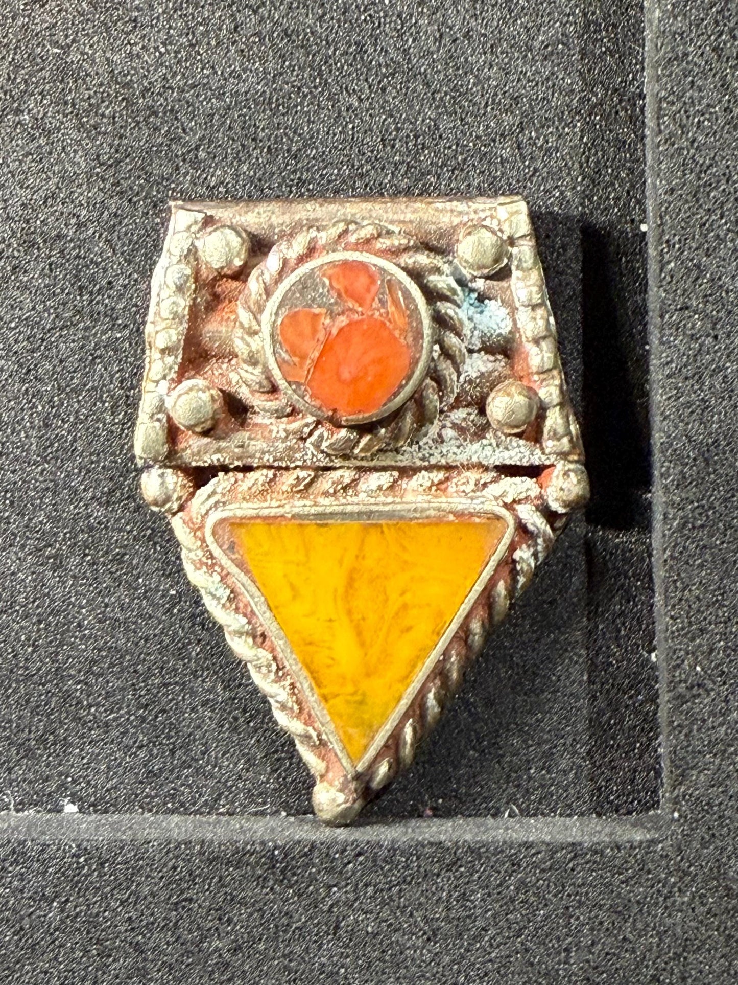 Ethnic Himalayan Pendant with Amber and Red Coral Accents | Artisan Jewelry Design