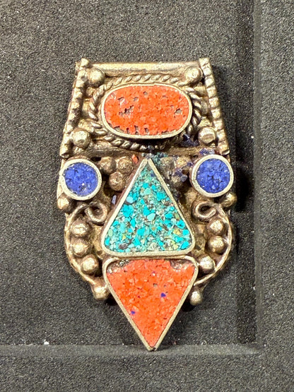 Himalayan White Metal Pendant with Turquoise and Coral Inlay | Tribal Ethnic Jewelry Component