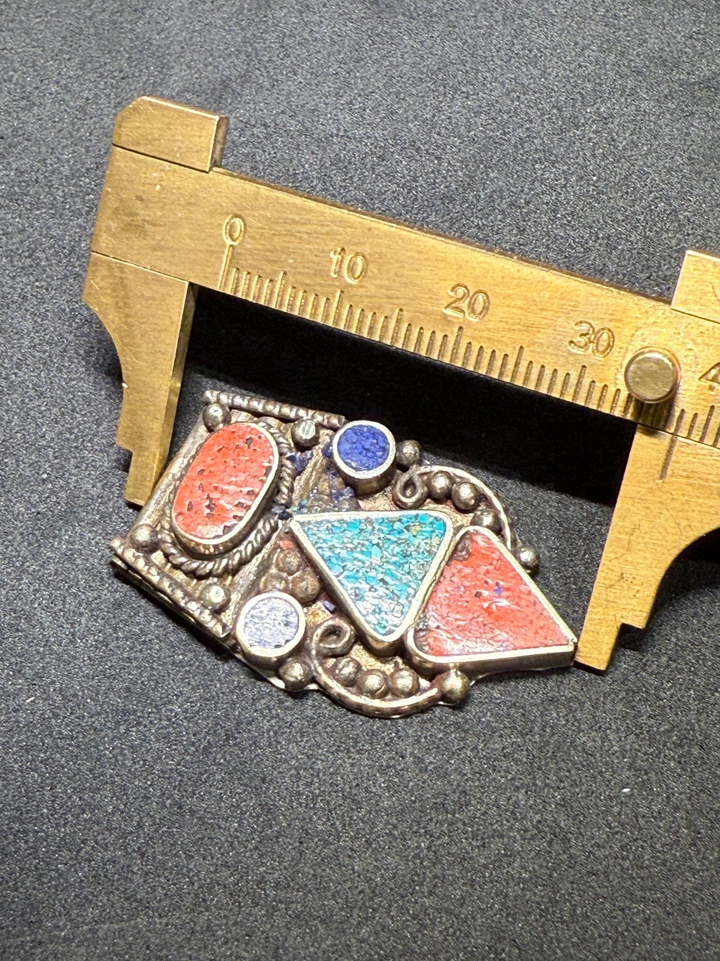 Himalayan White Metal Pendant with Turquoise and Coral Inlay | Tribal Ethnic Jewelry Component