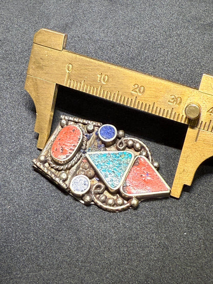 Himalayan White Metal Pendant with Turquoise and Coral Inlay | Tribal Ethnic Jewelry Component