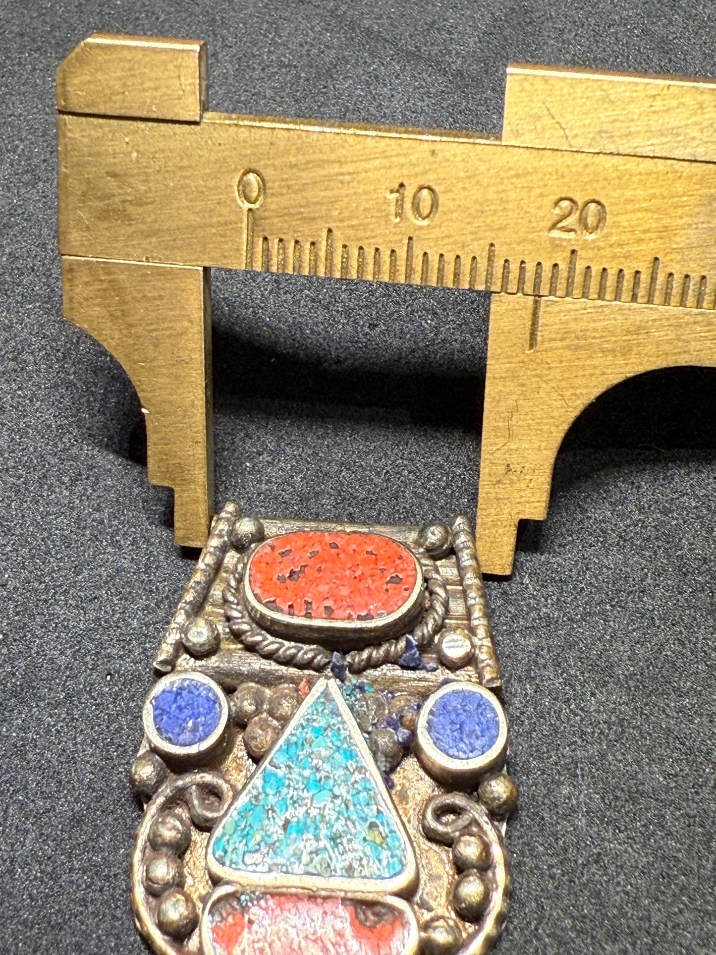 Himalayan White Metal Pendant with Turquoise and Coral Inlay | Tribal Ethnic Jewelry Component