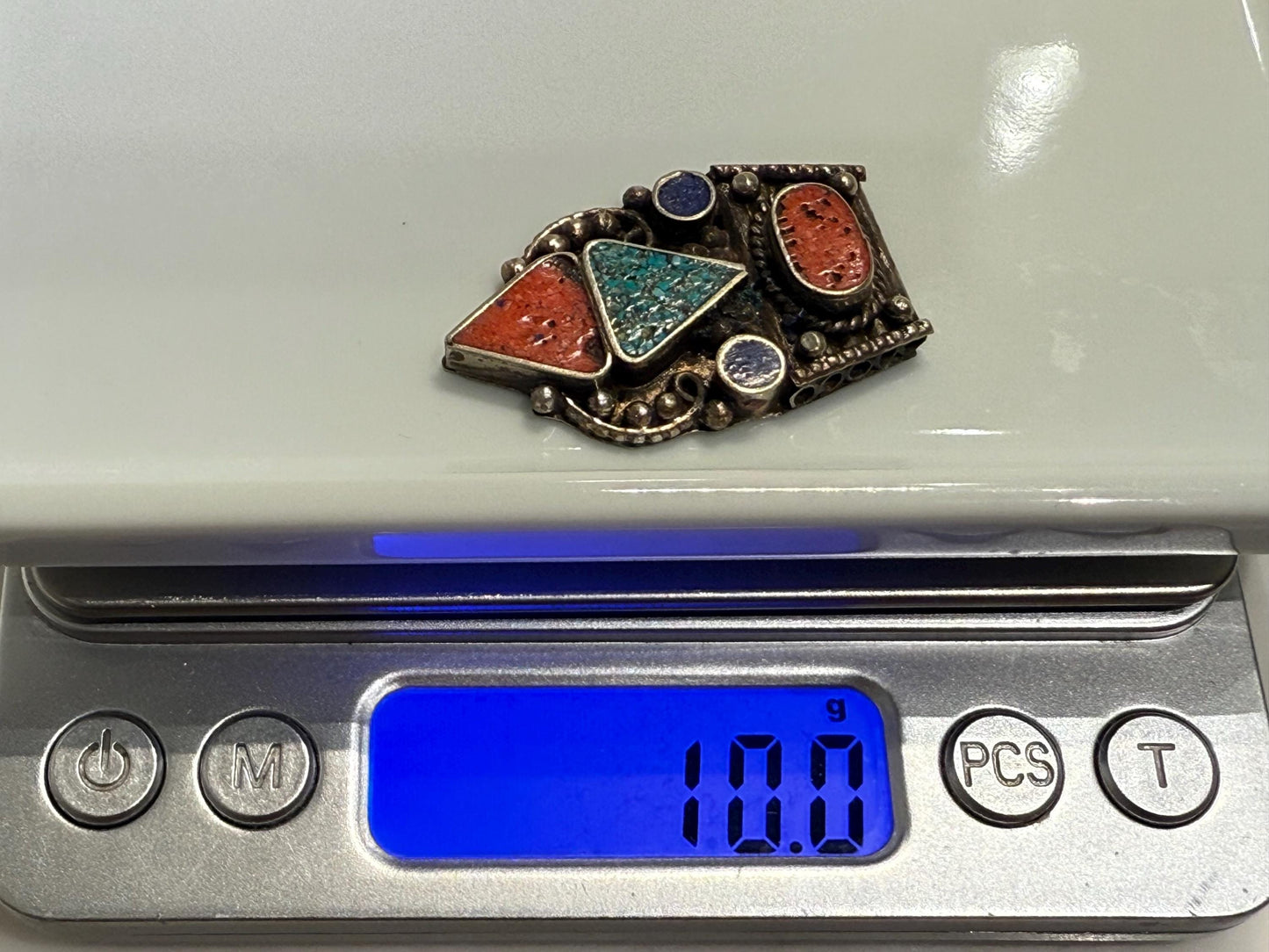 Himalayan White Metal Pendant with Turquoise and Coral Inlay | Tribal Ethnic Jewelry Component