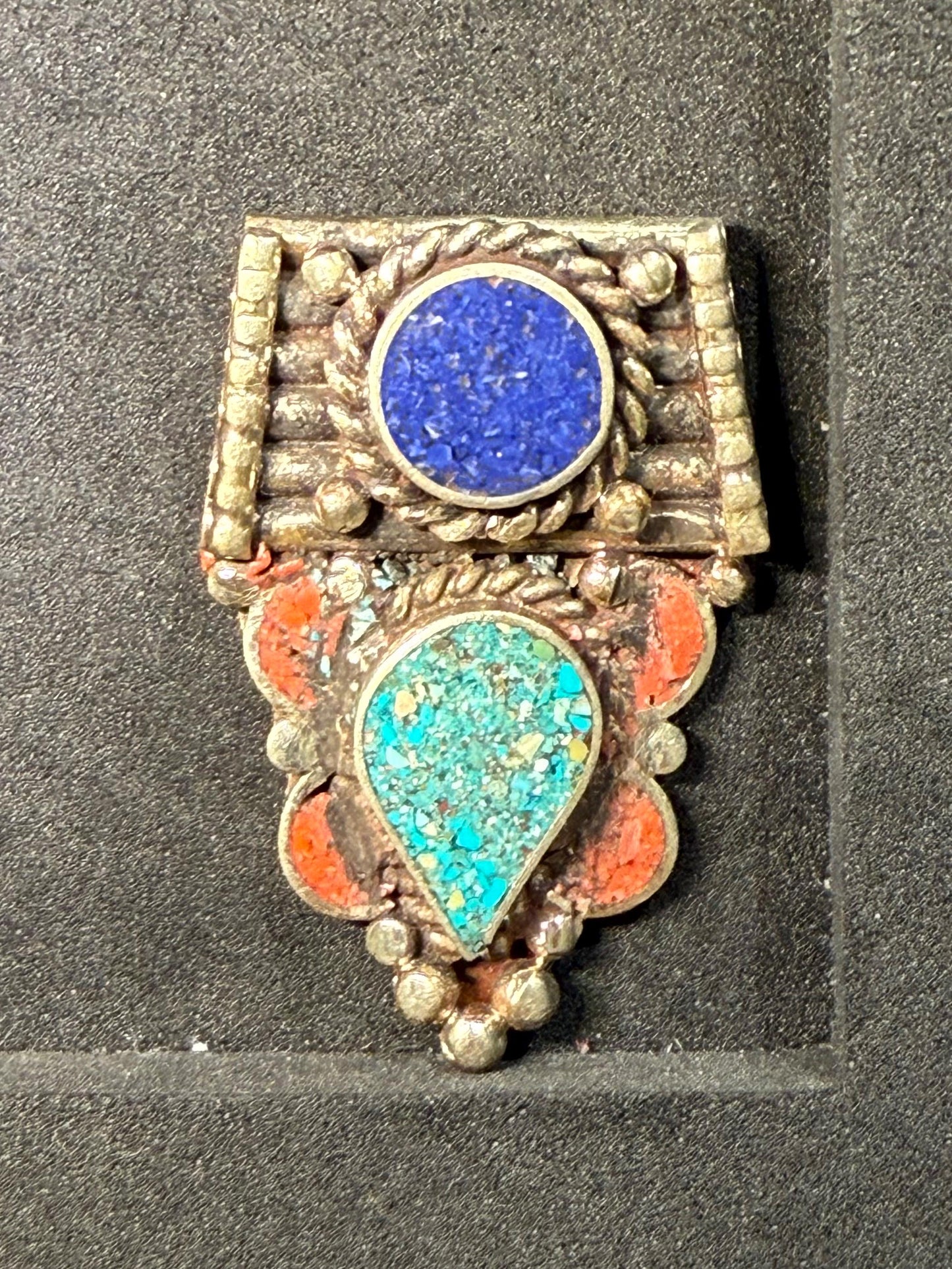Himalayan White Metal Pendant with Lapis Lazuli，Turquoise and Coral Inlay | Tribal Ethnic Jewelry Component