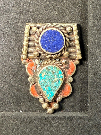 Himalayan White Metal Pendant with Lapis Lazuli，Turquoise and Coral Inlay | Tribal Ethnic Jewelry Component