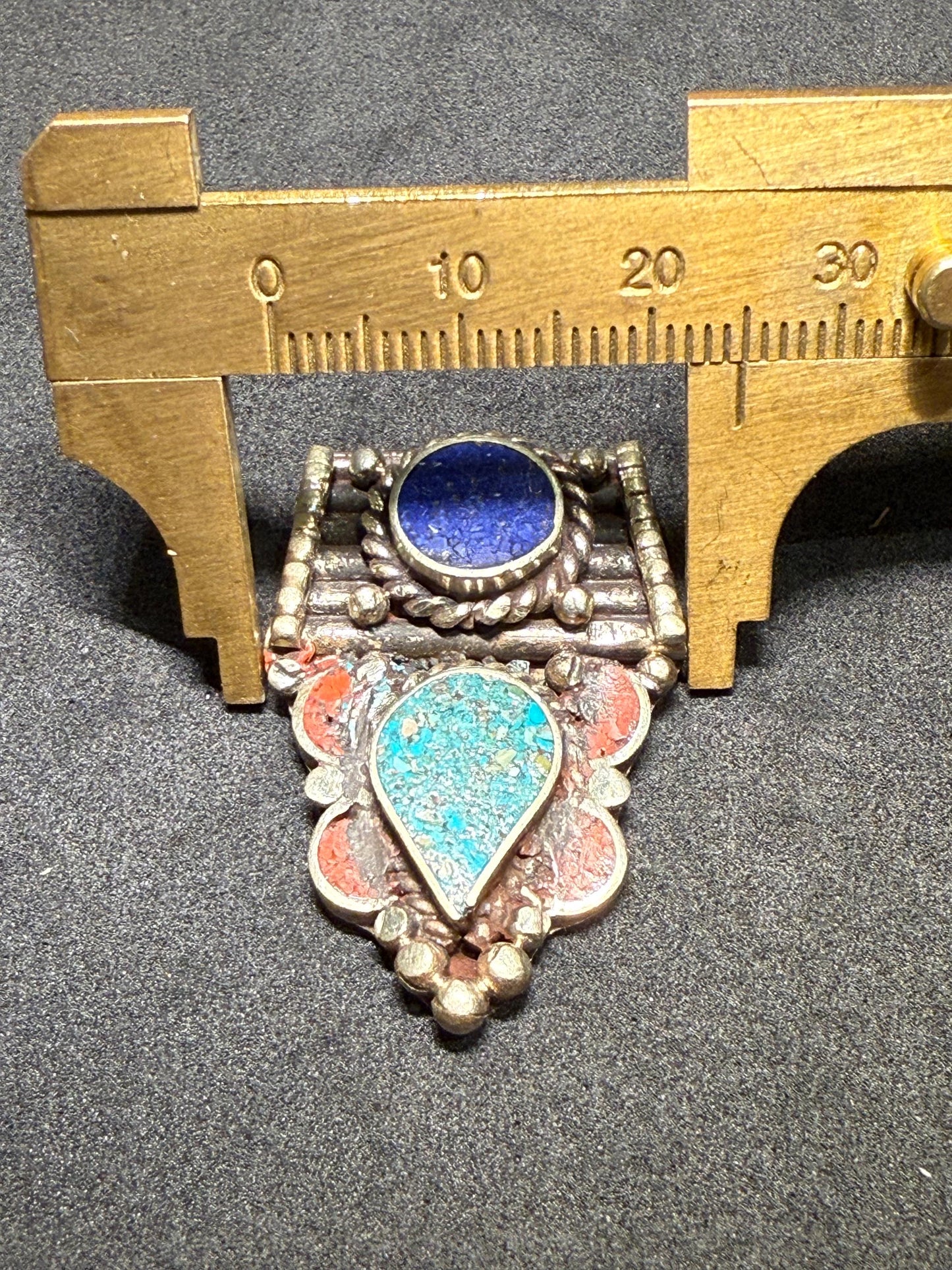 Himalayan White Metal Pendant with Lapis Lazuli，Turquoise and Coral Inlay | Tribal Ethnic Jewelry Component