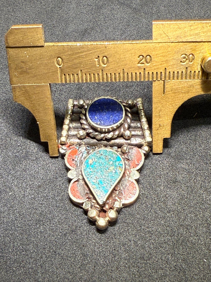 Himalayan White Metal Pendant with Lapis Lazuli，Turquoise and Coral Inlay | Tribal Ethnic Jewelry Component