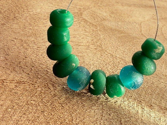 Vintage Nepal Glass Beads: Blue & Green Tibetan Style, Handmade (10 Beads)