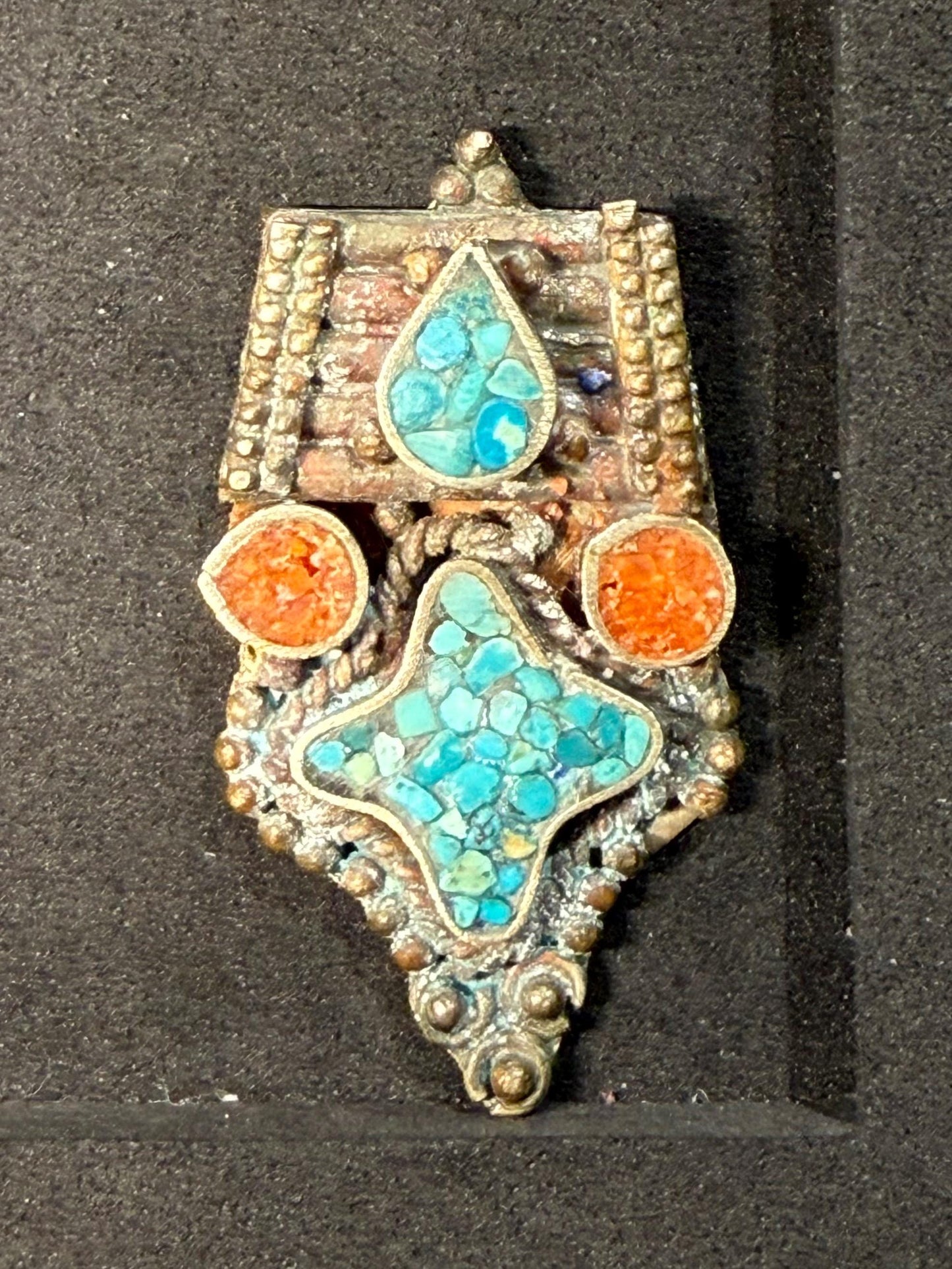 Handcrafted Ethnic Pendant with Turquoise and Red Coral Inlay | Unique DIY Jewelry