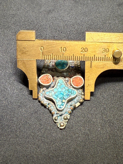 Handcrafted Ethnic Pendant with Turquoise and Red Coral Inlay | Unique DIY Jewelry