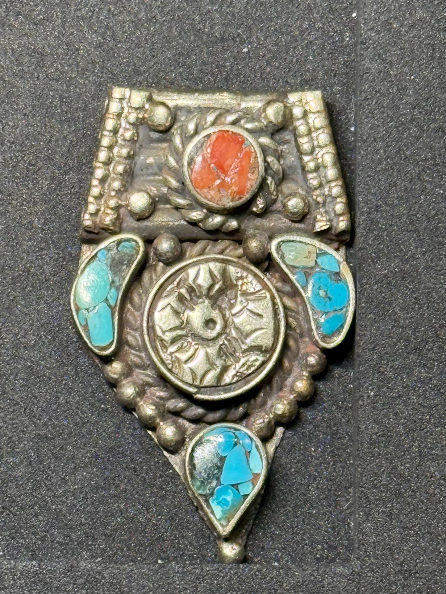 Himalayan Pendant with Coral and Turquoise Inlay | Rustic Bohemian Jewelry Supply