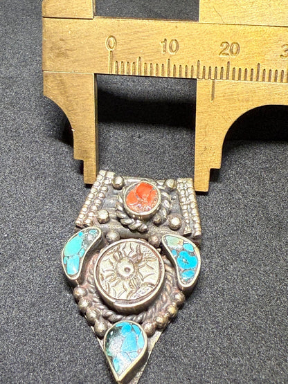 Himalayan Pendant with Coral and Turquoise Inlay | Rustic Bohemian Jewelry Supply