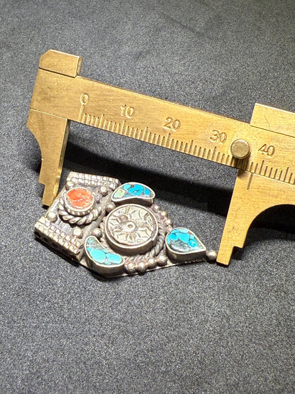 Himalayan Pendant with Coral and Turquoise Inlay | Rustic Bohemian Jewelry Supply