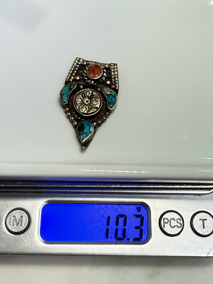 Himalayan Pendant with Coral and Turquoise Inlay | Rustic Bohemian Jewelry Supply