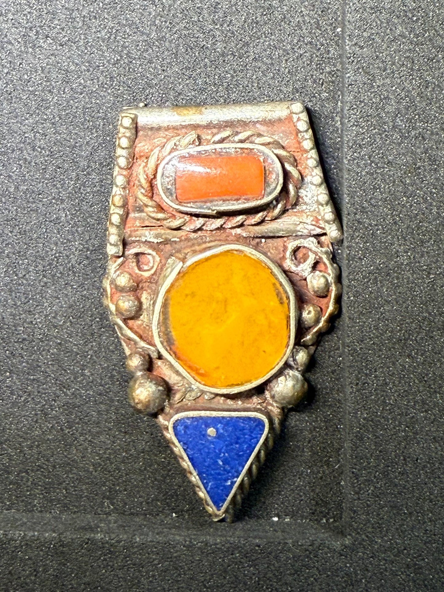 Himalayan White Metal Pendant with Turquoise and Coral Inlay | Tribal Ethnic Jewelry Component