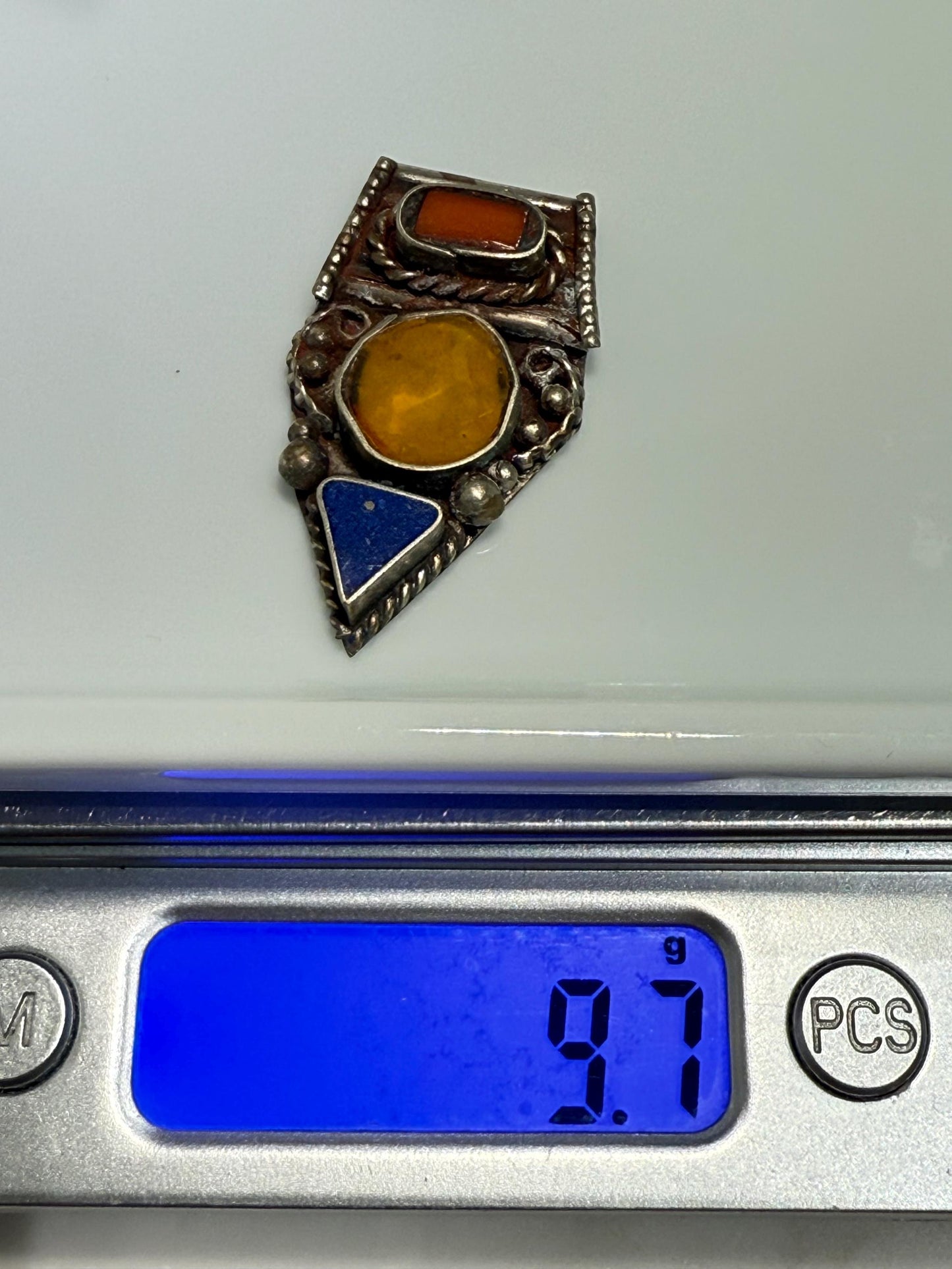 Himalayan White Metal Pendant with Turquoise and Coral Inlay | Tribal Ethnic Jewelry Component