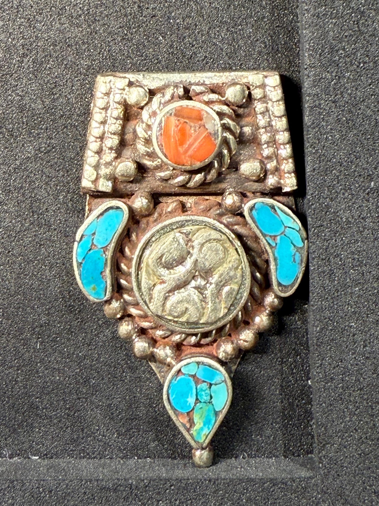 Himalayan White Metal Pendant with Turquoise and Coral Inlay | Tribal Ethnic Jewelry Component
