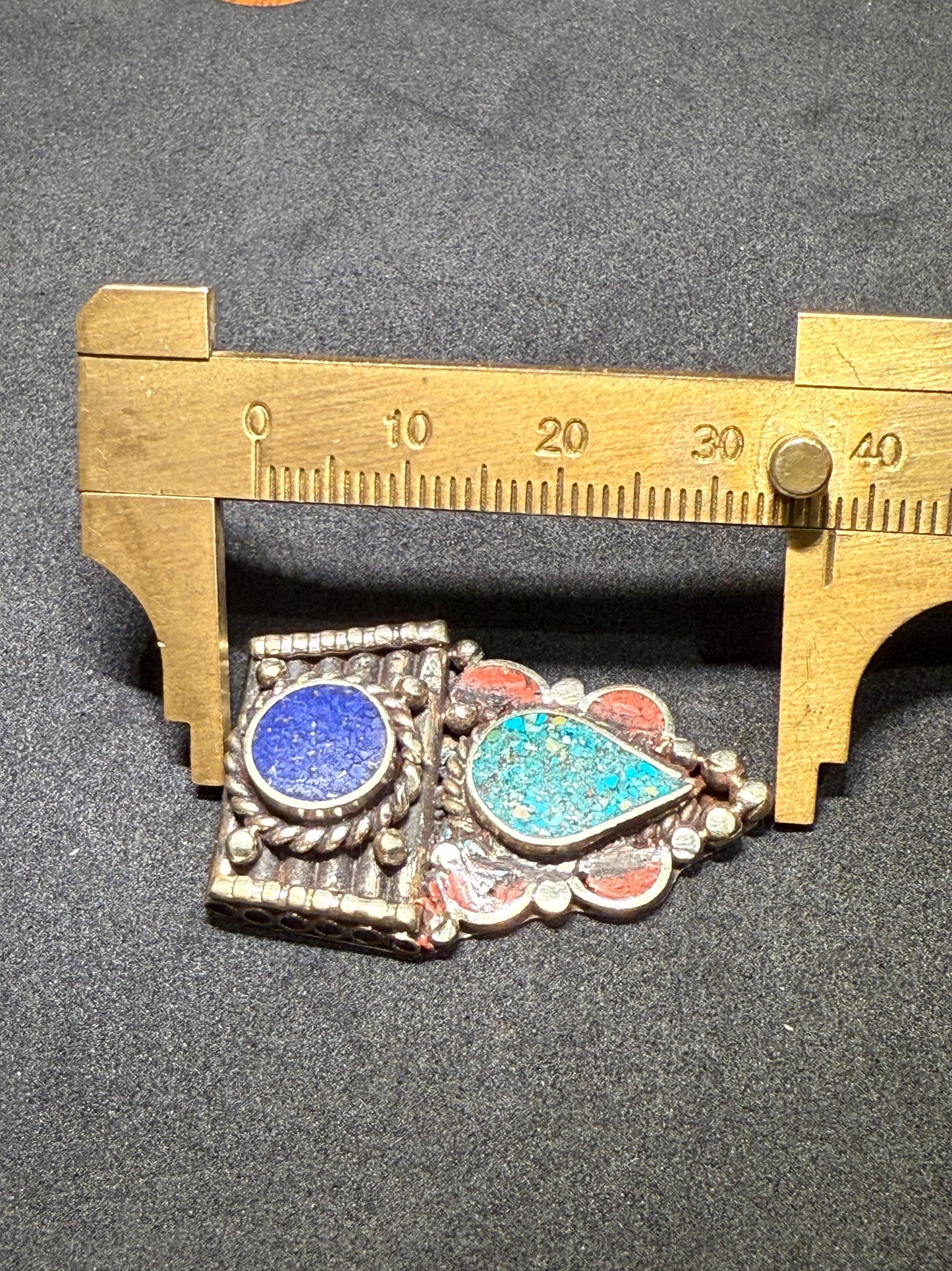 Himalayan White Metal Pendant with Lapis Lazuli，Turquoise and Coral Inlay | Tribal Ethnic Jewelry Component