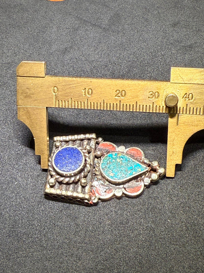 Himalayan White Metal Pendant with Lapis Lazuli，Turquoise and Coral Inlay | Tribal Ethnic Jewelry Component
