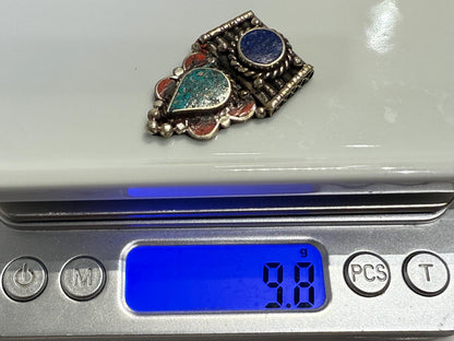 Himalayan White Metal Pendant with Lapis Lazuli，Turquoise and Coral Inlay | Tribal Ethnic Jewelry Component