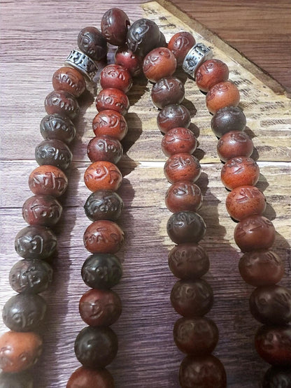 Yak Bone Mala Beads: Tibetan Prayer Necklace with Mantra Engravings