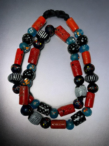 Handmade Nepalese Glass & Resin Beads Necklace  African Trade Beads, Ethnic Boho Jewelry