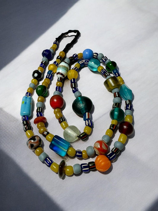 Handmade Nepal Glass Beads Necklace  African Trade Beads  Colorful Long Beaded Strand