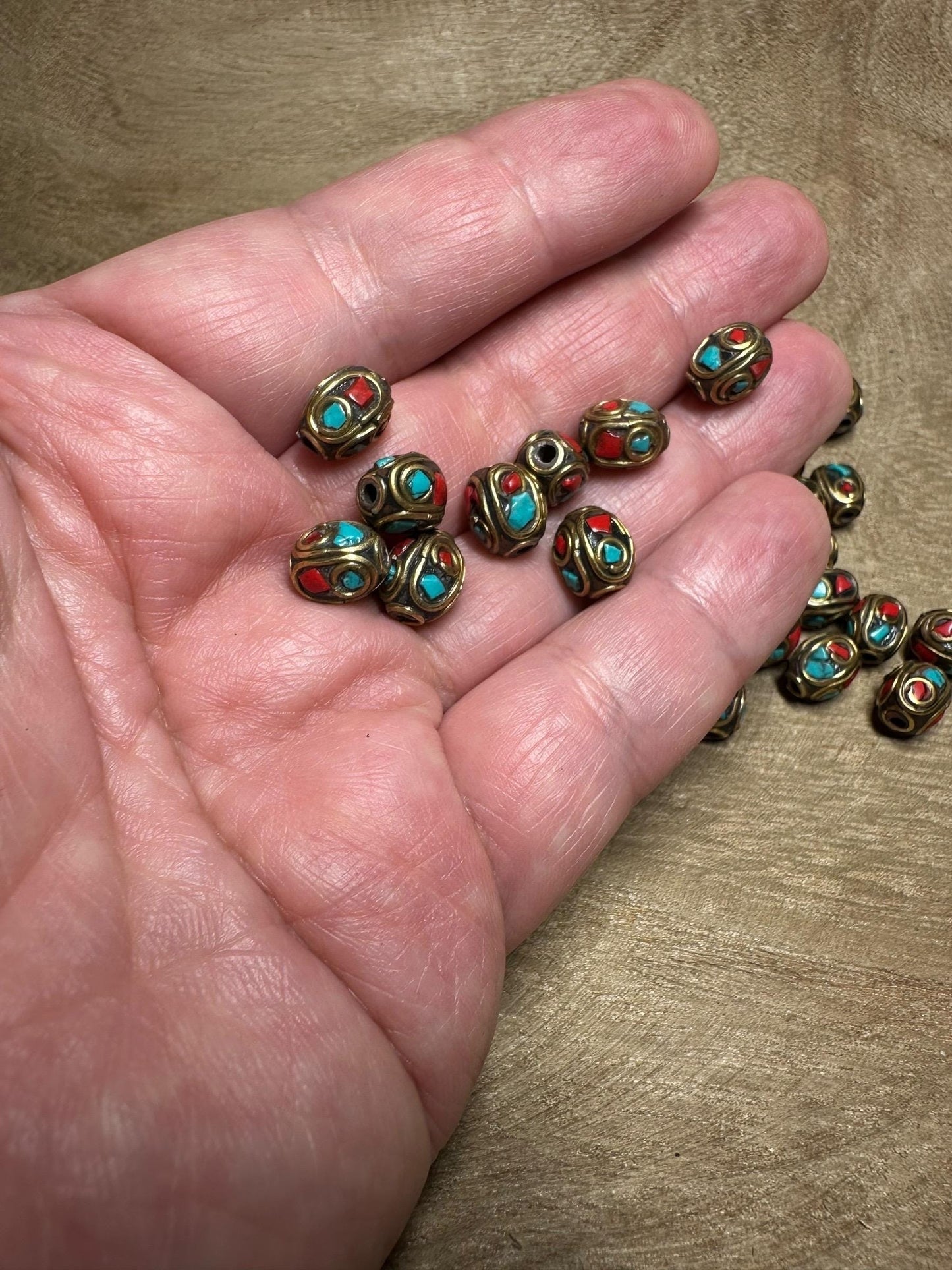 Napal Tibetan Beads Turquoise Coral Inlay Brass