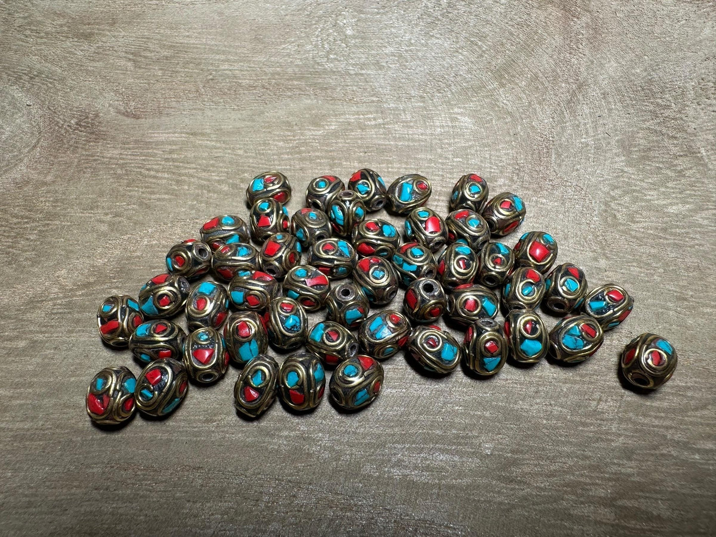 Napal Tibetan Beads Turquoise Coral Inlay Brass